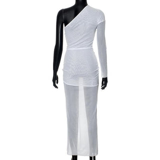 Long sleeve one shoulder ruched high slit maxi dress