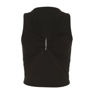 Hollow out sleeveless crewneck ruched solid crop cut out top