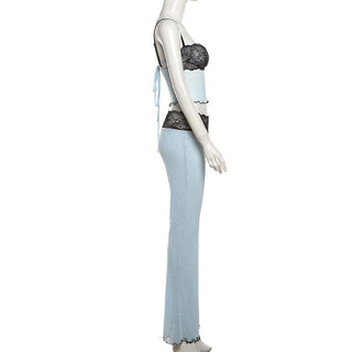 Lace mesh ruffle sweetheart neck cami pant set