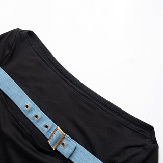 Long sleeve off shoulder buckle hollow out contrast cut out top