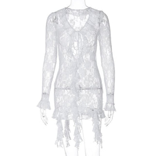 Long flared sleeve ruffle lace see through mini dress