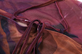 Sheer mesh cross back ruched print irregular cami midi dress