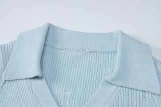 Button knitted solid long sleeve turnover collar mini skirt set-final-sale