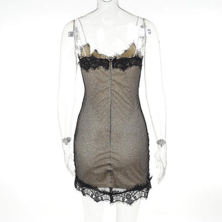 Lace glitter patchwork zip-up v neck cami mini dress