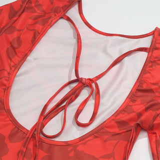 Long sleeve leopard print self tie backless mini dress