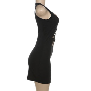 O ring hollow out crewneck solid cut out mini dress