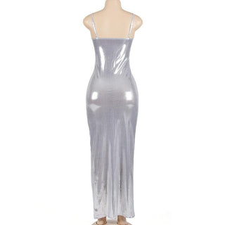 Backless u neck solid metallic cami maxi dress
