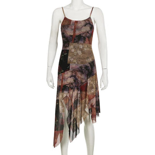 U neck ruffle irregular patchwork print cami midi dress