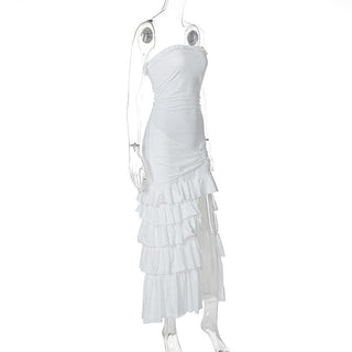 Ruffle ruched slit backless tube midi dress