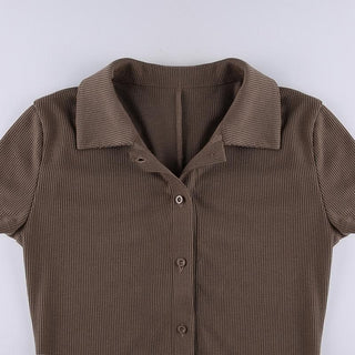 Turnover collar ribbed button romper