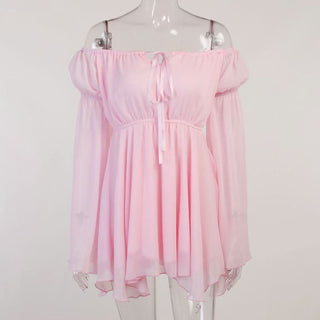 Off shoulder long flared self tie mini dress