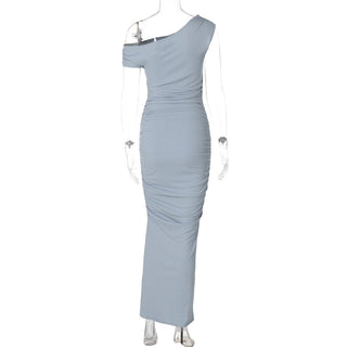 One shoulder ruched ribbed solid maxi dress