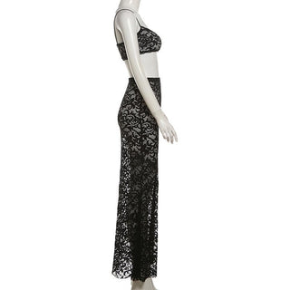 Lace see through u neck backless cami maxi skirt set