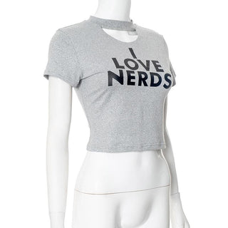 Short sleeve letter print crewneck hollow out crop cut out top