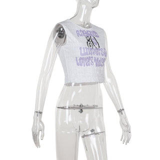 Crewneck textured letter print contrast top