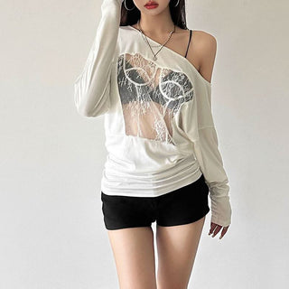 Irregular long sleeve lace see through solid top
