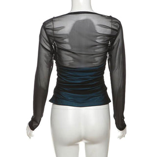 Long sleeve ruched mesh patchwork top