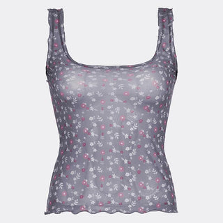Square neck ruffle sheer mesh flower print tan tank top