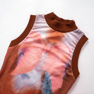 High neck sleeveless knitted patchwork print top