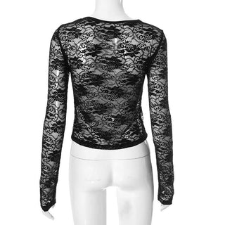 Long sleeve crewneck lace see through solid top
