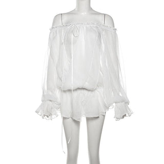 One shoulder chiffon long sleeve ribbon top