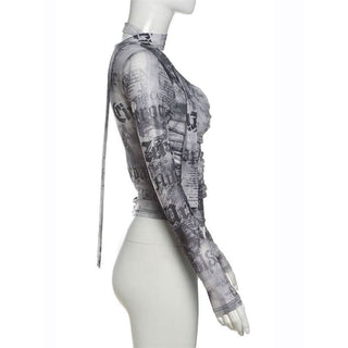 Cowl neck long sleeve mesh abstract print top