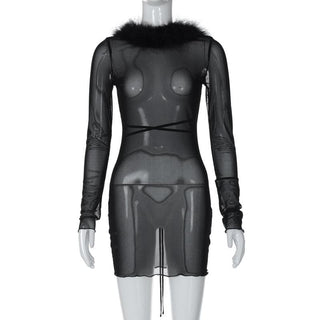 Long sleeve sheer mesh feather ruffle backless mini dress