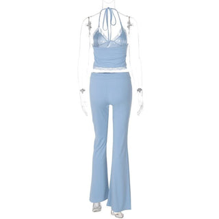 Halter v neck drawstring ruched lace hem pant set