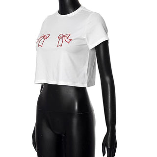 Short sleeve bowknot embroidery crewneck crop top