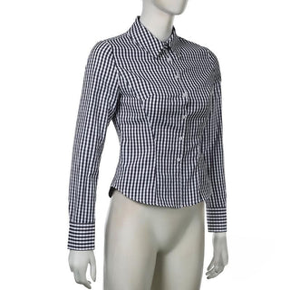 Turnover collar long sleeve button plaid top