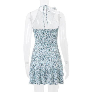 Halter print flower applique mini dress