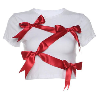 Short sleeve bowknot crewneck contrast top