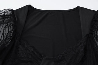 Long sleeve lace hem u neck solid mini dress