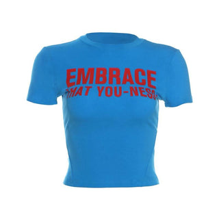 Crewneck short sleeve "EMBRACE" pattern crop top