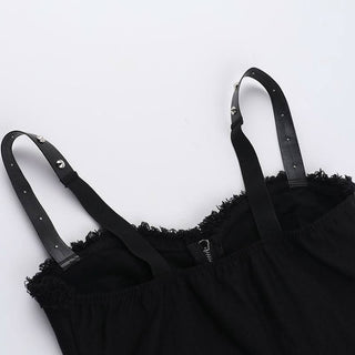 Zip-up letter print rivet applique raw hem cami top