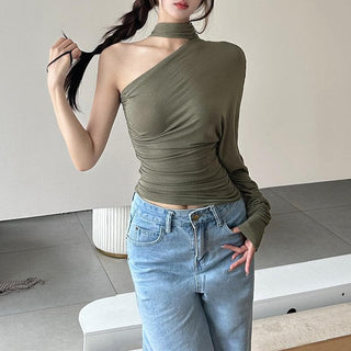 Long sleeve irregular hollow out ruched solid cut out top