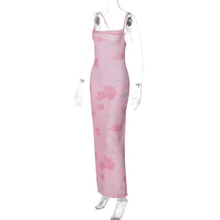 Print mesh knotted backless cami maxi dress