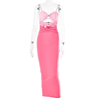 Hollow out contrast patchwork bowknot backless self tie cut out maxi dress - Final Sale