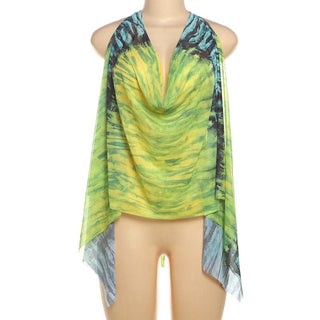 Cowl neck halter self tie print sheer mesh backless top