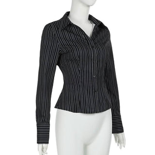 Turnover collar long sleeve striped button top
