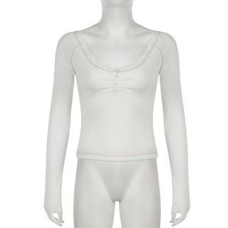 Long sleeve v neck lace hem button top