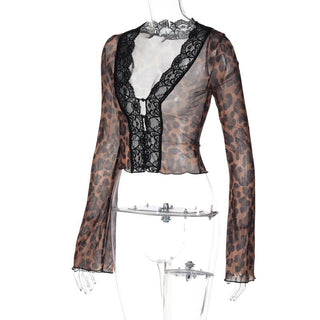 Long flared sleeve print lace hem button see through top