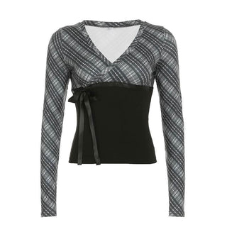 Long sleeve striped print v neck bowknot ribbon top