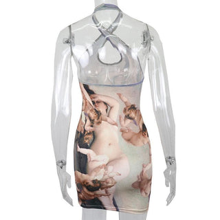 Halter ruched hollow out print backless cut out mini dress