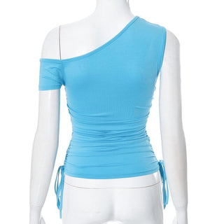 Short sleeve one shoulder ruched drawstring top