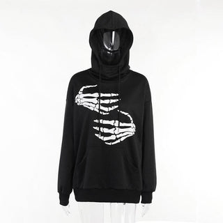 Hoodie drawstring pocket long sleeve skull pattern top-final-sale