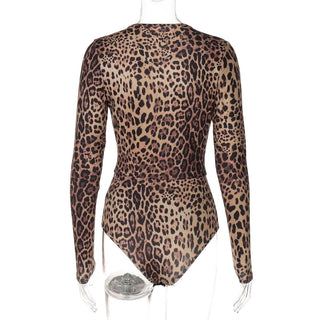 Leopard print deep V neck long sleeve button bodysuit