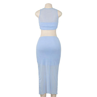 Crewneck sleeveless ruched mesh crop maxi skirt set