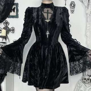 Long flared sleeve self tie velvet cross pattern mini dress