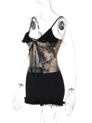 V neck lace hem print self tie cami pant set